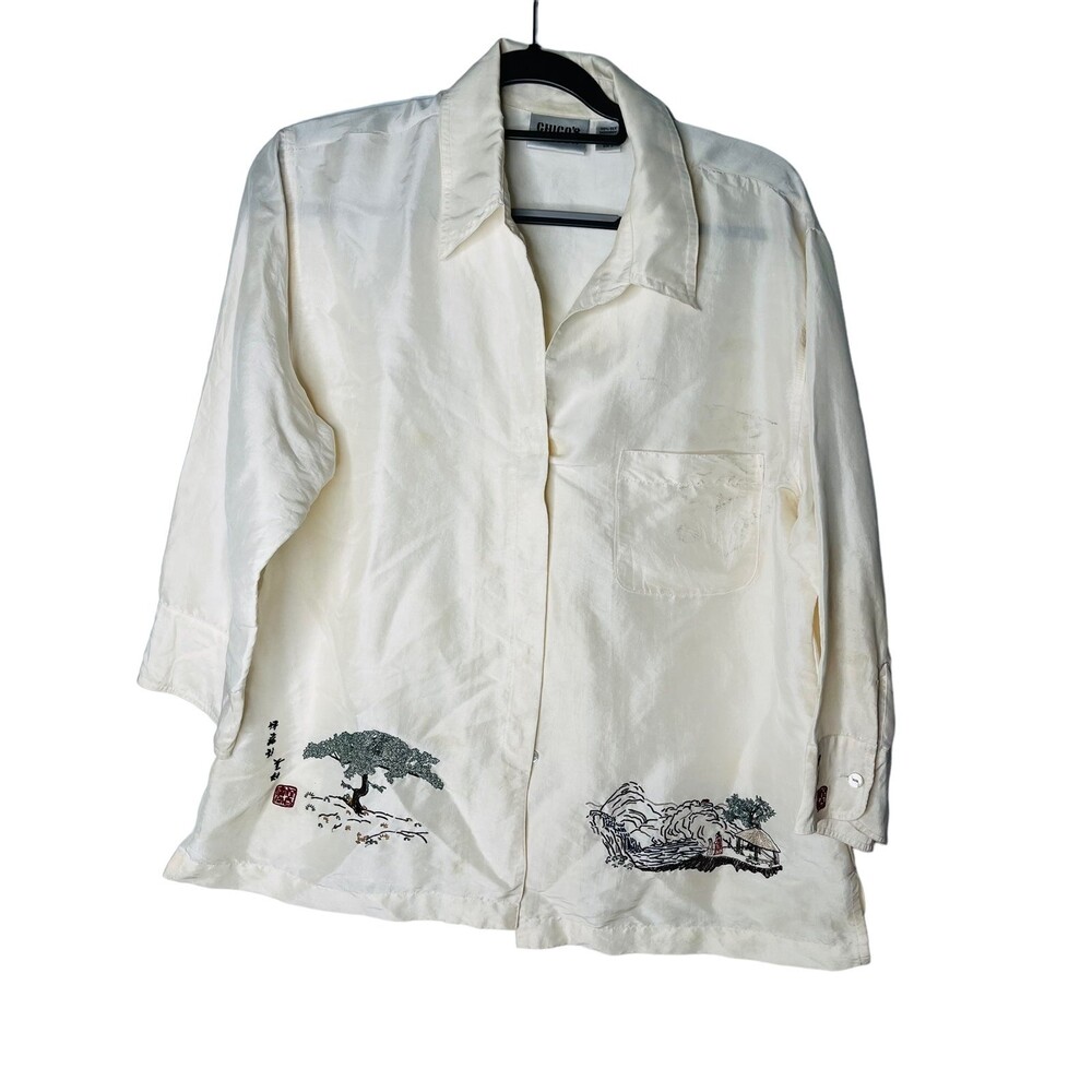 Chico's Women's Sz 3 US S Button Down Embroidered Shirt Blouse Long Sleeve Cream
